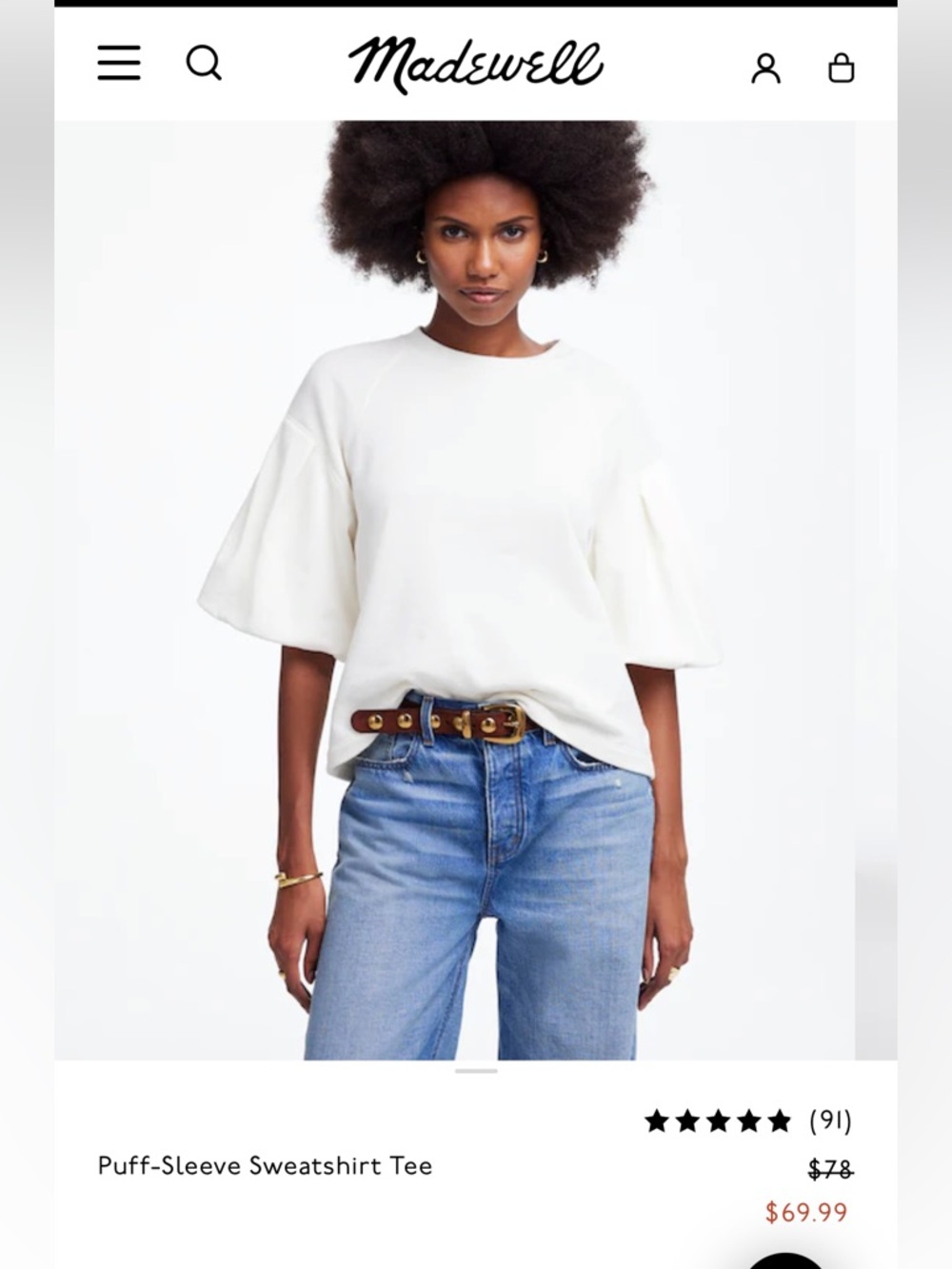 Madewell Puff-Sleeve Sweatshirt Tee in Winter White